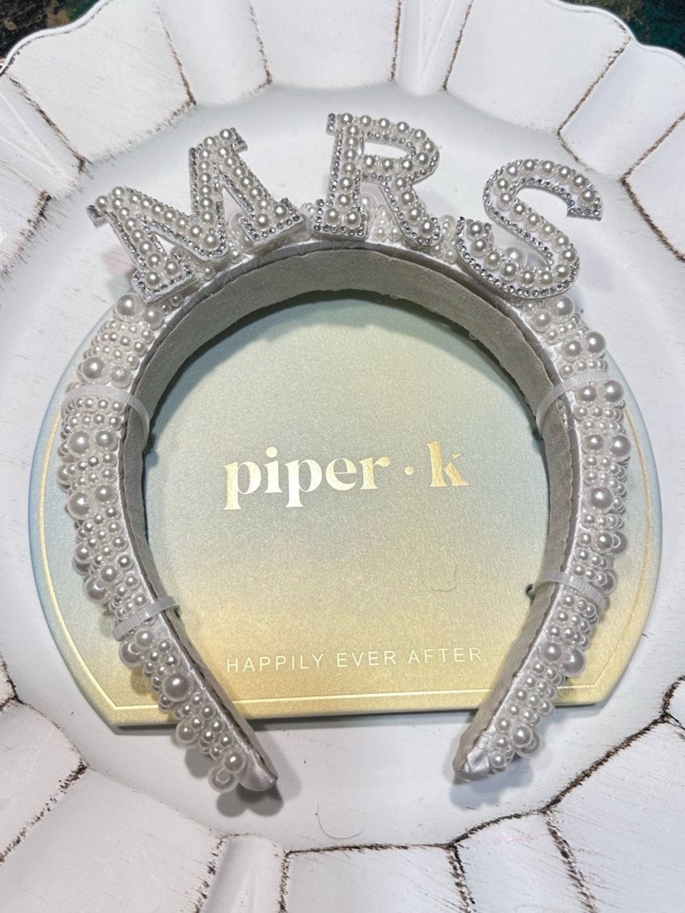 Piper Pearl 'MRS' Crystal Accent Headband in Ivory